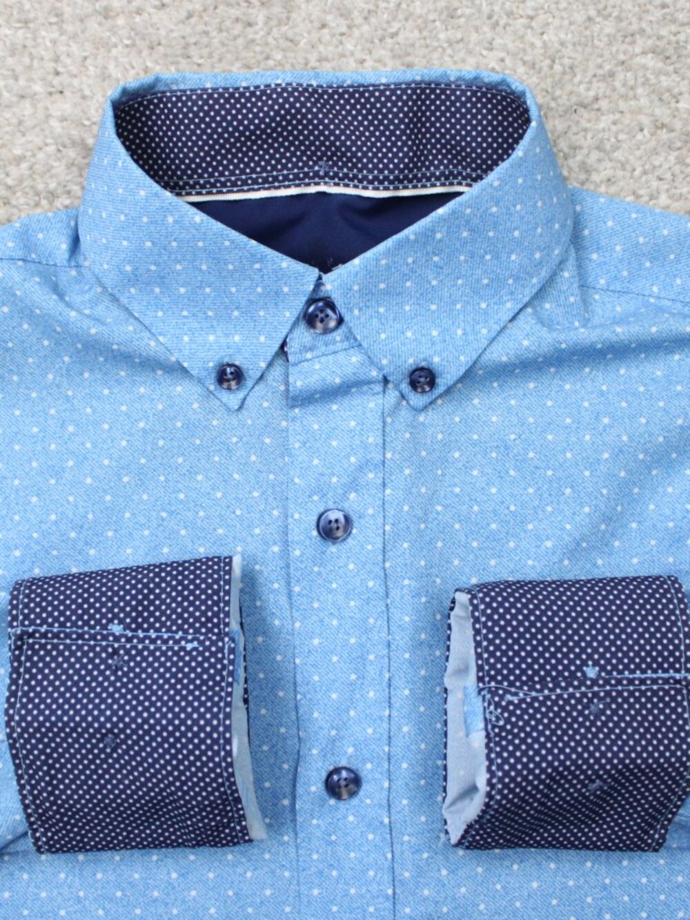 Construct Shirt Mens Small Blue Geometric Flip Cuff Poly Stretch Long Sleeve